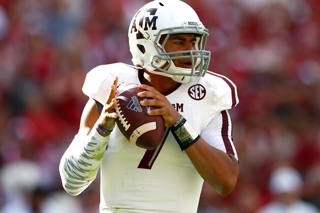 TUSCALOOSA, AL - OCTOBER 18:  Kenny Hill #7 of the Texas A&M Aggies looks to pass against the Alabama Crimson Tide at Bryant-Denny Stadium on October 18, 2014 in Tuscaloosa, Alabama.  (Photo by Kevin C. Cox/Getty Images)