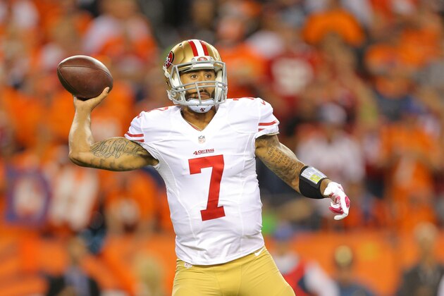 DENVER, CO - OCTOBER 19:  Quarterback Colin Kaepernick #7 of the San Francisco 49ers passes against the Denver Broncos in the first quarter during a game at Sports Authority Field at Mile High on October 19, 2014 in Denver, Colorado.  (Photo by Justin Edmonds/Getty Images)