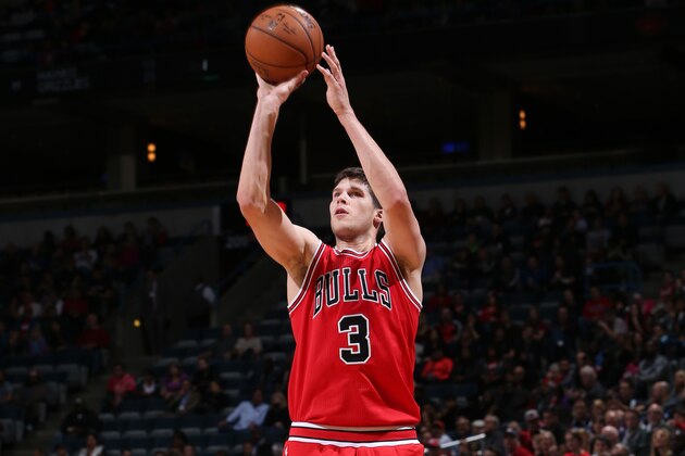 MILWAUKEE, WI - OCTOBER 11: Doug McDermott #3 of the Chicago Bulls shoots the ball against the Milwaukee Bucks during the game on October 11, 2014 at BMO Harris Bradley Center, Milwaukee, Wisconsin. NOTE TO USER: User expressly acknowledges and agrees that, by downloading and or using this Photograph, user is consenting to the terms and conditions of the Getty Images License Agreement. Mandatory Copyright Notice: Copyright 2014 NBAE (Photo by Gary Dineen/NBAE via Getty Images)