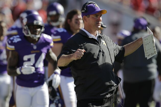 Minnesota Vikings head coach Mike Zimmer during the fourth quarter of an NFL football game against the Tampa Bay Buccaneers Sunday, Oct. 26, 2014, in Tampa, Fla. (AP Photo/Chris O'Meara)