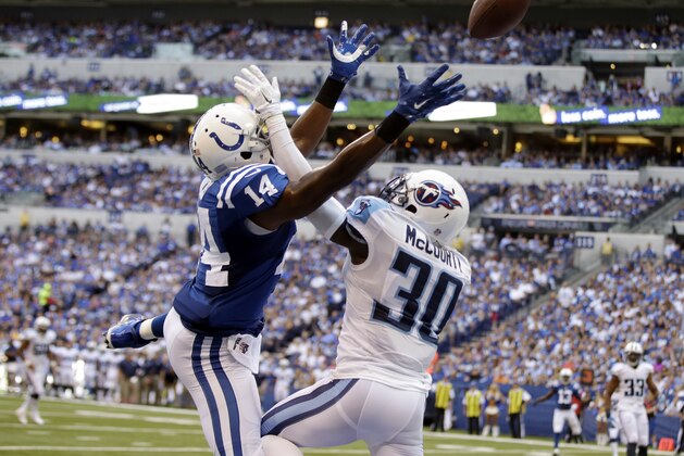 Tennessee Titans cornerback Jason McCourty, right, breaks up a pass to Indianapolis Colts wide receiver Hakeem Nicks during the first half of an NFL football game in Indianapolis, Sunday, Sept. 28, 2014. (AP Photo/Darron Cummings)
