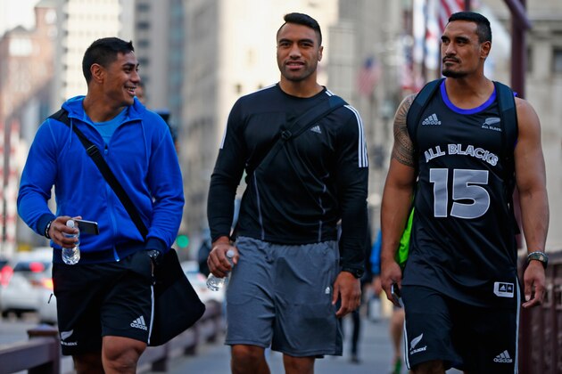CHICAGO, IL - OCTOBER 27:  (L-R) Malakai Fekitoa, Victor Vito and Jerome Kaino of the New Zealand All Blacks take in a bit of sightseeing as they walk along Michigan Ave following a pool recovery session  on October 27, 2014 in Chicago, Illinois.  (Photo by Phil Walter/Getty Images)