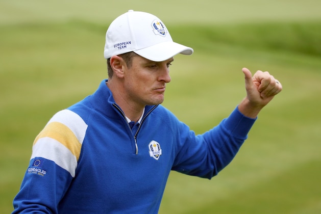 Europe’s Justin Rose celebrates his putt on the 10th green during the singles match on the final day of the Ryder Cup golf tournament, at Gleneagles, Scotland, Sunday, Sept. 28, 2014. (AP Photo/Scott Heppell)