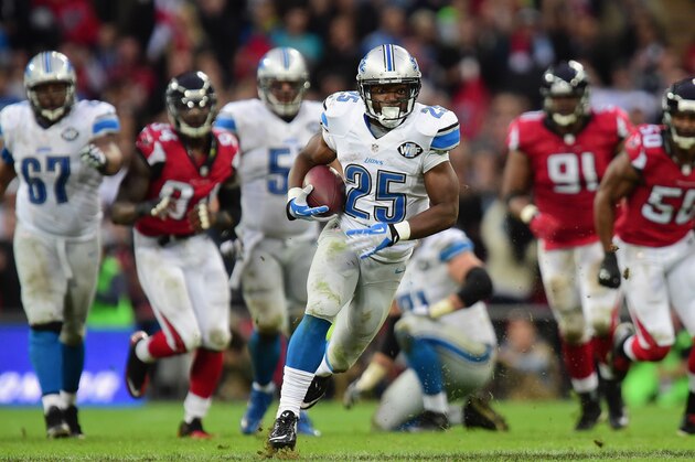 LONDON, ENGLAND - OCTOBER 26:  Theo Riddick #25 of the Detroit Lions charges up field with the ball during the NFL match between Detroit Lions and  Atlanta Falcons at Wembley Stadium on October 26, 2014 in London, England.  (Photo by Jamie McDonald/Getty Images)