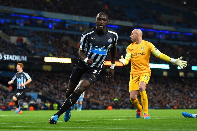 MANCHESTER, ENGLAND - OCTOBER 29:  Moussa Sissoko of Newcastle United celebrates scoring their second goal during the Capital One Cup Fourth Round match between Manchester City and Newcastle United at Etihad Stadium on October 29, 2014 in Manchester, England.  (Photo by Michael Regan/Getty Images)