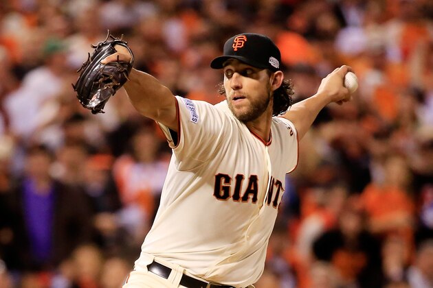 SAN FRANCISCO, CA - OCTOBER 26: Madison Bumgarner #40 of the San Francisco Giants pitches against the Kansas City Royals in the eighth inning during Game Five of the 2014 World Series at AT&T Park on October 26, 2014 in San Francisco, California.  (Photo by Rob Carr/Getty Images)