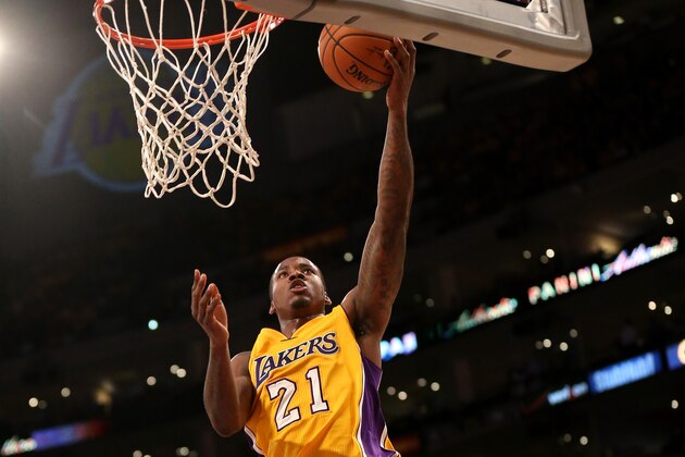 LOS ANGELES, CA - OCTOBER 28:  Ed Davis #21 of the Los Angeles Lakers shoots against the Houston Rockets at Staples Center on October 28, 2014 in Los Angeles, California.  The Rockets won 108-90. NOTE TO USER: User expressly acknowledges and agrees that, by downloading and or using this photograph, User is consenting to the terms and conditions of the Getty Images License Agreement.  (Photo by Stephen Dunn/Getty Images) (Photo by Stephen Dunn/Getty Images)