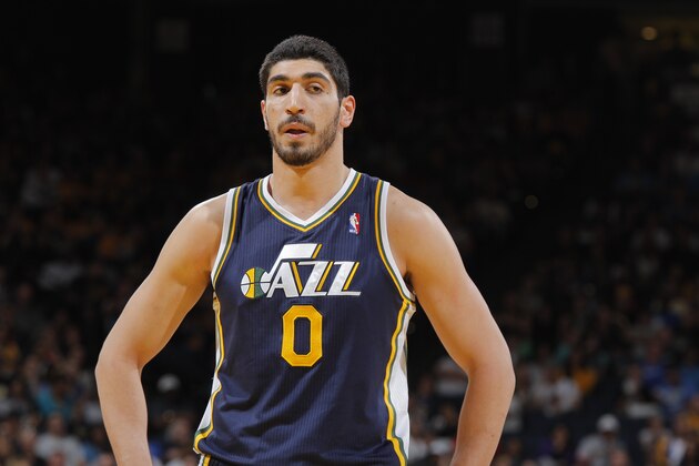 OAKLAND, CA - APRIL 6: Enes Kanter #0 of the Utah Jazz in a game against the Golden State Warriors on April 6, 2014 at Oracle Arena in Oakland, California. NOTE TO USER: User expressly acknowledges and agrees that, by downloading and or using this photograph, user is consenting to the terms and conditions of Getty Images License Agreement. Mandatory Copyright Notice: Copyright 2014 NBAE (Photo by Rocky Widner/NBAE via Getty Images)