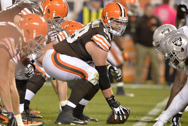 Cleveland Browns center Nick McDonald (68) lines up during an NFL football game against the Oakland Raiders Sunday, Oct. 26, 2014, in Cleveland. Cleveland won 23-13. (AP Photo/David Richard)