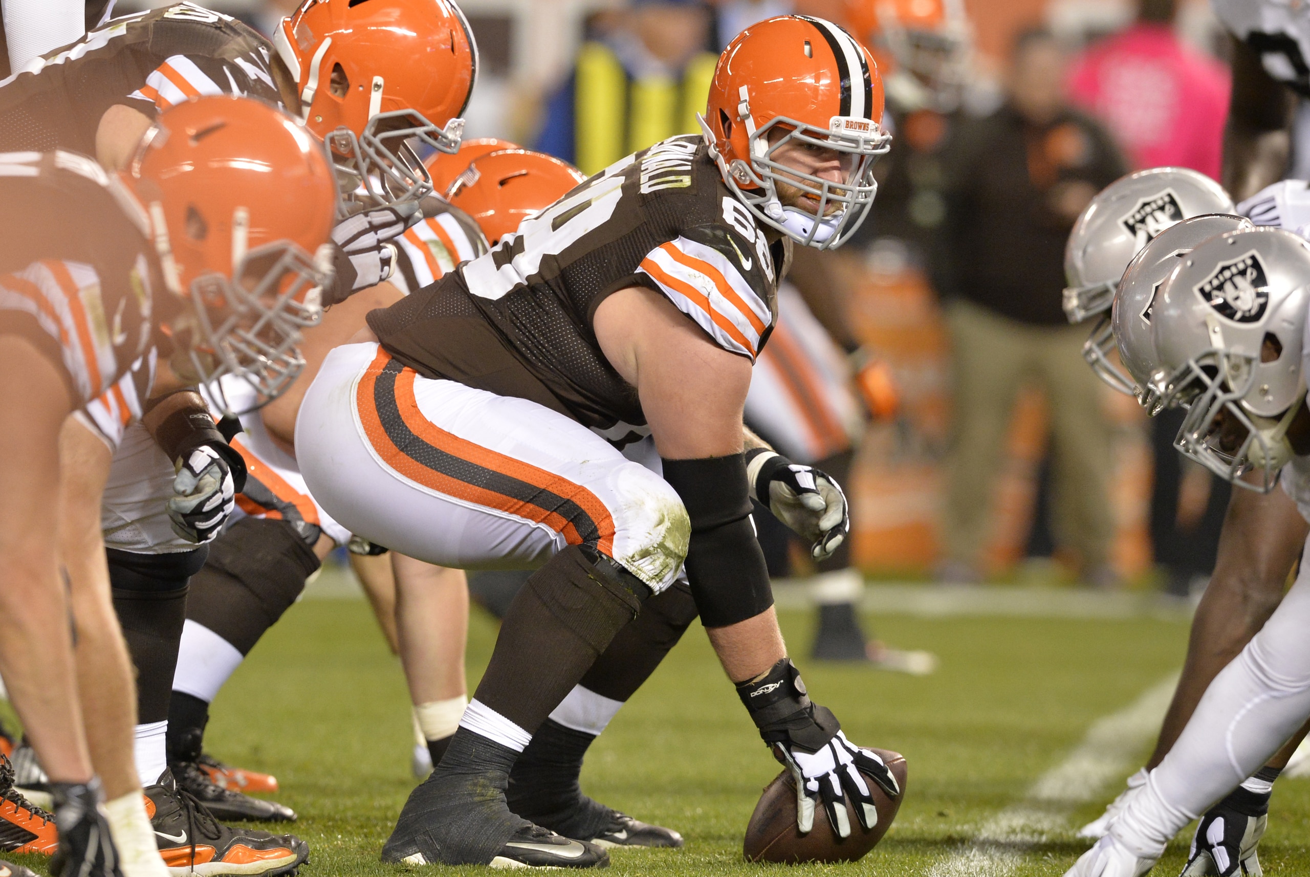 Cleveland Browns center Nick McDonald (68) lines up during an NFL football game against the Oakland Raiders Sunday, Oct. 26, 2014, in Cleveland. Cleveland won 23-13. (AP Photo/David Richard)