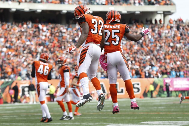 Cincinnati Bengals running back Jeremy Hill celebrates with Giovani Bernard (25) after scoring on a 3-yard run in the second half of an NFL football game against the Carolina Panthers, Sunday, Oct. 12, 2014, in Cincinnati. (AP Photo/Paul Sancya)