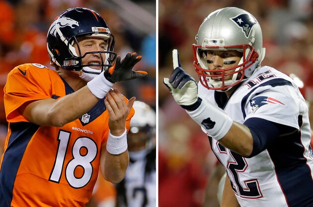 FILE - At left, in an Oct. 23, 2014, file photo, Denver Broncos quarterback Peyton Manning calls a play against the San Diego Chargers during the first half of an NFL football game in Denver. At right, in a Sept. 29, 2014, file photo, New England Patriots quarterback Tom Brady points on the line of scrimmage during the first quarter of an NFL football game against the Kansas City Chiefs in Kansas City, Mo. New England has little time to savor its fourth straight win, a 51-23 pounding of the Chicago Bears. The Patriots must get ready to host Peyton Manning and the Denver Broncos next Sunday in the first of five straight games against top teams.(AP Photo/File)