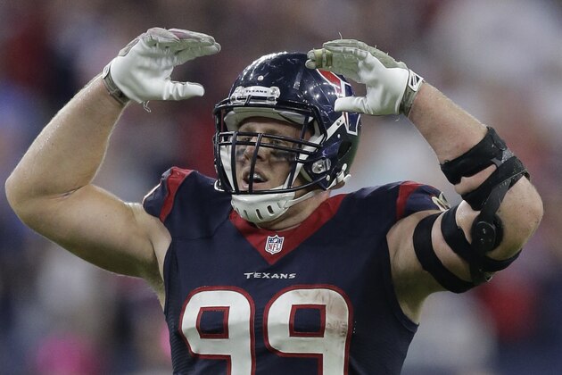 Houston Texans defensive end J.J. Watt (99) is shown during the second half of an NFL football game, Thursday, Oct. 9, 2014, in Houston. (AP Photo/Patric Schneider)