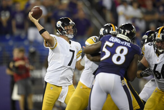 Pittsburgh Steelers quarterback Ben Roethlisberger (7) looks to pass during the second half of an NFL football game against the Baltimore Ravens Elvis Dumervil (58), Thursday, Sept. 11, 2014, in Baltimore. (AP Photo/Nick Wass)