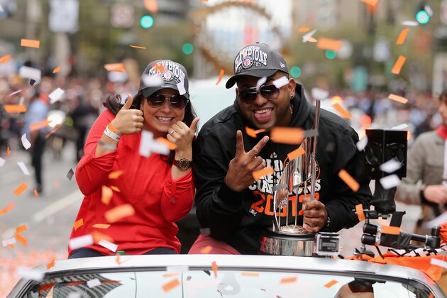 SAN FRANCISCO, CA - OCTOBER 31:  Pablo Sandoval #48 of the San Francisco Giants holds his World Series MVP trophy during the San Francisco Giants World Series victory parade on October 31, 2012 in San Francisco, California. The San Francisco Giants beat the Detroit Tigers to win the 2012 World Series.  (Photo by Ezra Shaw/Getty Images)