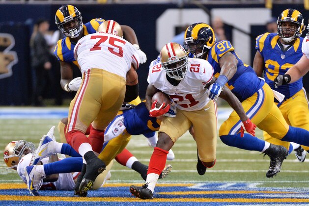 ST LOUIS, MO - OCTOBER 13:   Frank Gore #21 of the San Francisco 49ers carries the ball in the third quarter against the St. Louis Rams at Edward Jones Dome on October 13, 2014 in St Louis, Missouri.  (Photo by Michael Thomas/Getty Images)