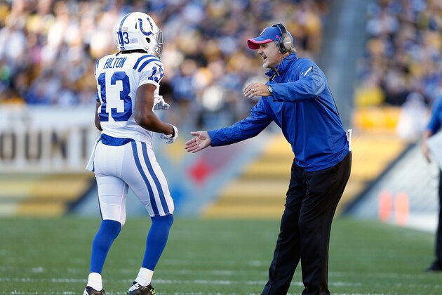PITTSBURGH, PA - OCTOBER 26:  Head coach Chuck Pagano congratulates T.Y. Hilton #13 of the Indianapolis Colts  during the first quarter against the Pittsburgh Steelers at Heinz Field on October 26, 2014 in Pittsburgh, Pennsylvania.  (Photo by Joe Robbins/Getty Images)
