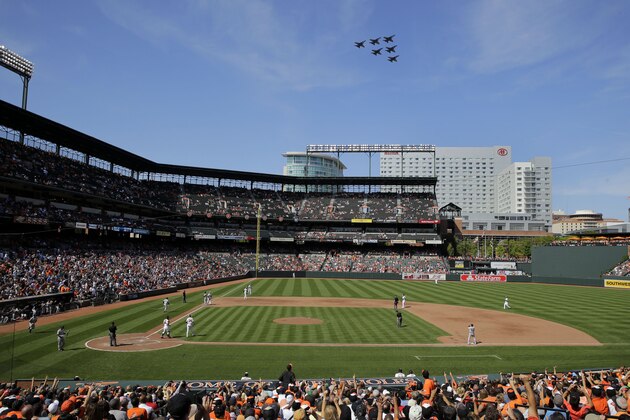 A formation of U.S. Navy Blue Angels flies a practice run over Oriole Park at Camden Yards in the first baseball game of a doubleheader between the Baltimore Orioles and the New York Yankees, Friday, Sept. 12, 2014, in Baltimore. (AP Photo/Patrick Semansky)