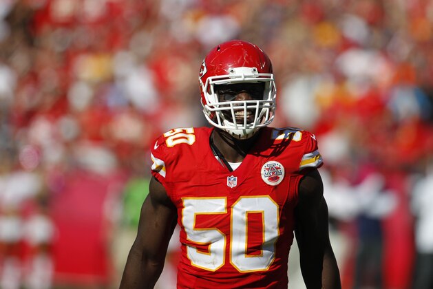 Kansas City Chiefs outside linebacker Justin Houston (50) reacts after sacking St. Louis Rams quarterback Austin Davis (9) in the second half of an NFL football game in Kansas City, Mo., Sunday, Oct. 26, 2014. (AP Photo/Colin E. Braley)