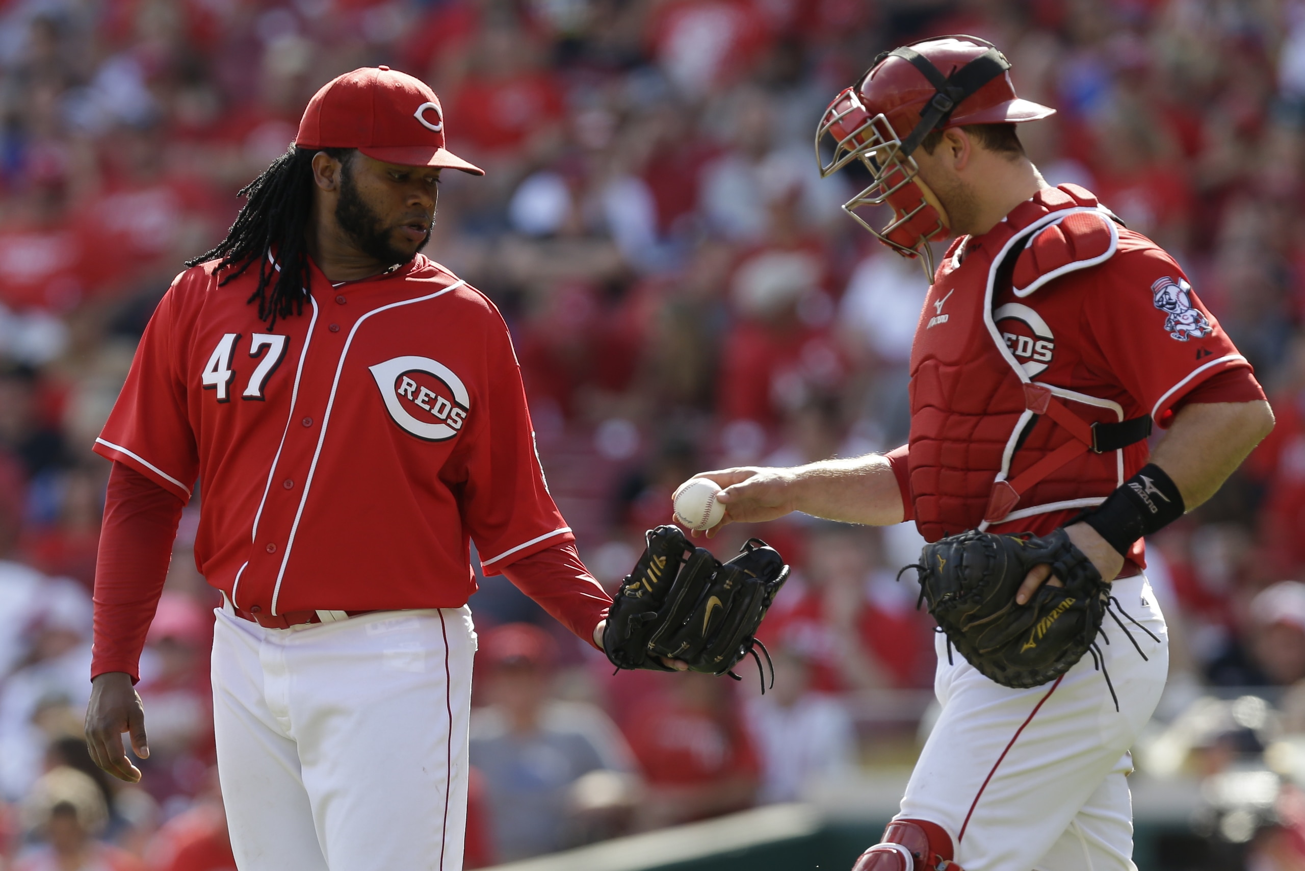 Cincinnati Reds starting pitcher Johnny Cueto (47) gets the ball from catcher Devin Mesoraco during a baseball game against the Pittsburgh Pirates, Sunday, Sept. 28, 2014, in Cincinnati. (AP Photo/Al Behrman)
