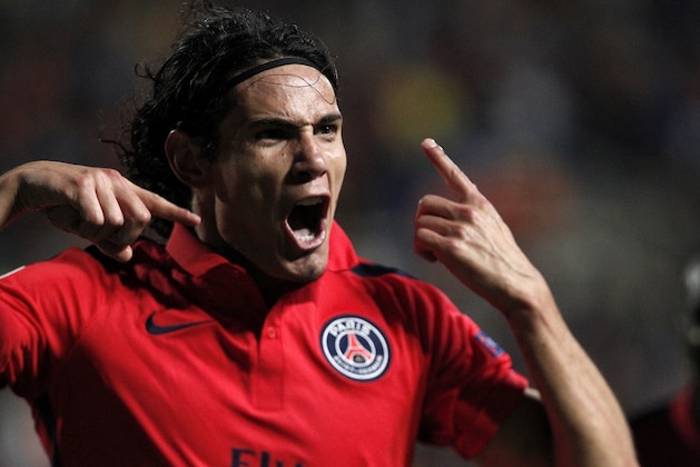 PSG's Edinson Cavani, celebrates after scoring against Apoel during the Champions League Group F soccer match between Apoel and Paris Saint Germain, at GSP stadium, Tuesday, Oct. 21, 2014. (AP Photo/Petros Karadjias) PSG's Edinson Cavani, celebrates after scoring against Apoel during the Champions League Group F soccer match between Apoel and Paris Saint Germain, at GSP stadium, Tuesday, Oct. 21, 2014. (AP Photo/Petros Karadjias)