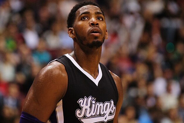 Oct 5, 2014; Vancouver, British Columbia, CAN; Sacramento Kings forward Jason Thompson (34) watches a shot during the second half against the Toronto Raptors at Rogers Arena. The Toronto Raptors won 99-94. Mandatory Credit: Anne-Marie Sorvin-USA TODAY Sports