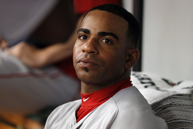 Aug 31, 2014; St. Petersburg, FL, USA; Boston Red Sox left fielder Yoenis Cespedes (52) in the dugout during the first inning against the Tampa Bay Rays at Tropicana Field. Mandatory Credit: Kim Klement-USA TODAY Sports