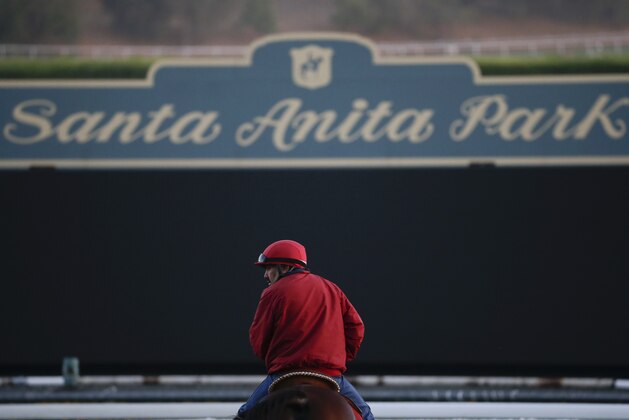 An outrider stands in front of a sign on the track as horses train for the Breeders' Cup races at Santa Anita Park Wednesday, Oct. 29, 2014, in Arcadia, Calif. (AP Photo/Jae C. Hong)
