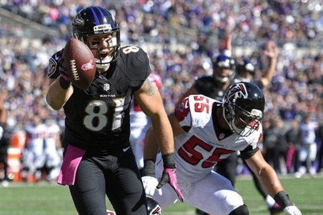Baltimore Ravens tight end Owen Daniels, left, scores a touchdown in front of Atlanta Falcons inside linebacker Paul Worrilow in the first half of an NFL football game, Sunday, Oct. 19, 2014, in Baltimore. (AP Photo/Nick Wass)