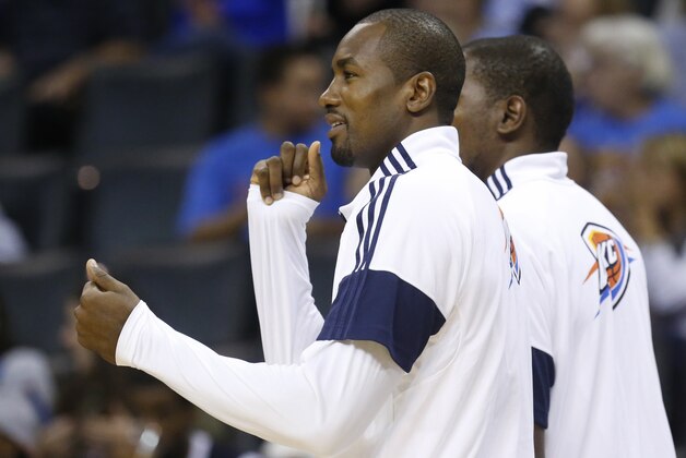 Oklahoma City Thunder forward Serge Ibaka is pictured during an NBA basketball preseason game between the Memphis Grizzlies and the Oklahoma City Thunder in Oklahoma City, Tuesday, Oct. 14, 2014. (AP Photo/Sue Ogrocki)