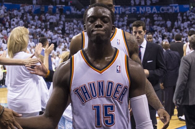 OKLAHOMA CITY, OK - MAY 31:  Reggie Jackson #15 of the Oklahoma City Thunder walks off the court after Game 6 of the Western Conference Finals against the San Antonio Spurs during the 2014 NBA Playoffs at the Chesapeake Arena on May 31, 2014 in Oklahoma City, Oklahoma. NOTE TO USER:  User expressly acknowledges and agrees that, by downloading and/or using this photograph, user is consenting to the terms and conditions of the Getty Images License Agreement. Mandatory Copyright Notice:  Copyright 2014 NBAE (Photo by Richard Rowe/NBAE via Getty Images)