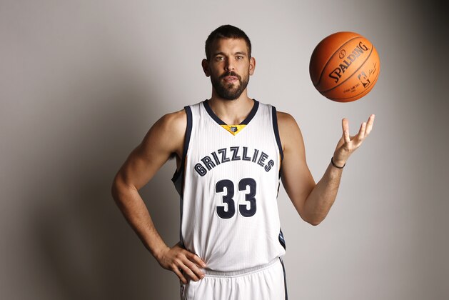 In this Sept. 29, 2014 photo, Memphis Grizzlies center Marc Gasol poses for a photo during the team's NBA basketball media day in Memphis, Tenn. (AP Photo/Mark Humphrey)