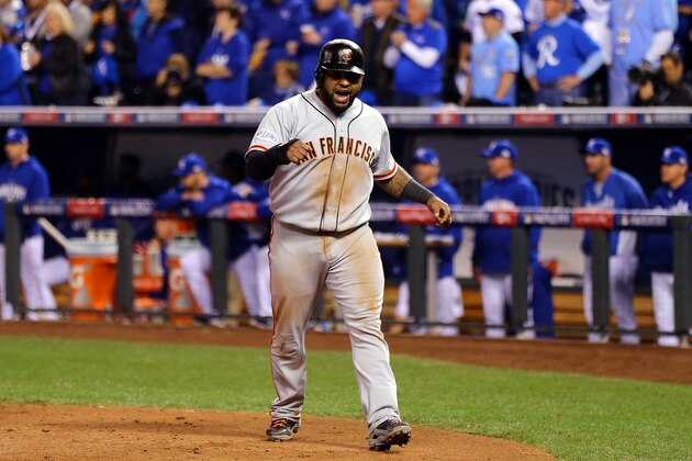 KANSAS CITY, MO - OCTOBER 29: Pablo Sandoval #48 of the San Francisco Giants reacts against the Kansas City Royals during Game Seven of the 2014 World Series at Kauffman Stadium on October 29, 2014 in Kansas City, Missouri.  (Photo by Elsa/Getty Images)