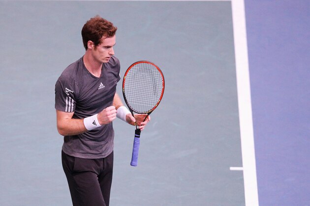 PARIS, FRANCE - OCTOBER 30:  Andy Murray of Great Britain celebrates a point against Grigor Dimitrov of Bulgaria during day 4 of the BNP Paribas Masters held at the at Palais Omnisports de Bercy on October 30, 2014 in Paris, France.  (Photo by Dean Mouhtaropoulos/Getty Images)
