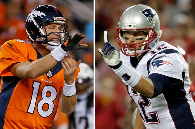 FILE - At left, in an Oct. 23, 2014, file photo, Denver Broncos quarterback Peyton Manning calls a play against the San Diego Chargers during the first half of an NFL football game in Denver. At right, in a Sept. 29, 2014, file photo, New England Patriots quarterback Tom Brady points on the line of scrimmage during the first quarter of an NFL football game against the Kansas City Chiefs in Kansas City, Mo. New England has little time to savor its fourth straight win, a 51-23 pounding of the Chicago Bears. The Patriots must get ready to host Peyton Manning and the Denver Broncos next Sunday in the first of five straight games against top teams.(AP Photo/File)