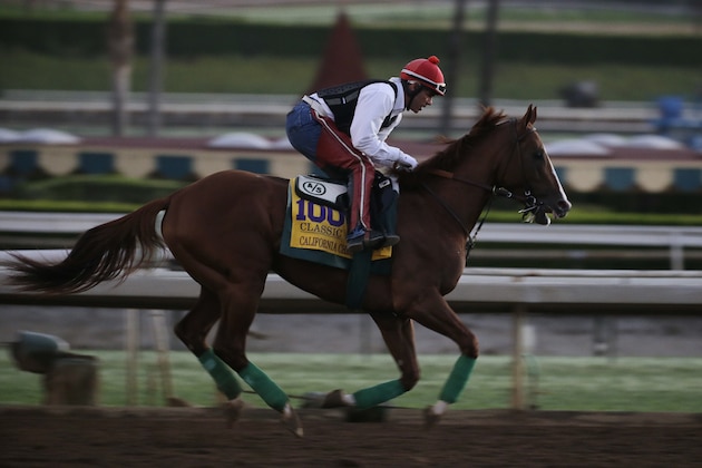 Exercise rider Willie Delgado takes California Chrome for a morning workout ahead of the Breeders' Cup Classic horse race at Santa Anita Park Wednesday, Oct. 29, 2014, in Arcadia, Calif. (AP Photo/Jae C. Hong)