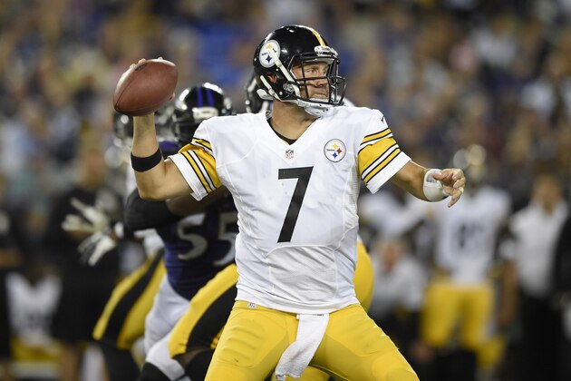 Pittsburgh Steelers quarterback Ben Roethlisberger (7) looks to pass during the second half of an NFL football game Baltimore Ravens, Thursday, Sept. 11, 2014, in Baltimore. Ravens won 26-6. (AP Photo/Nick Wass)