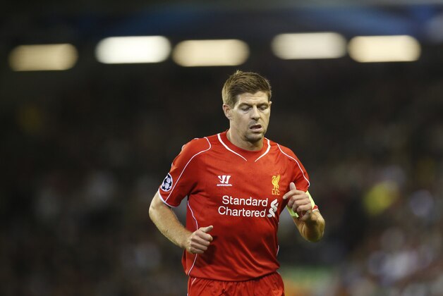 Liverpool's Steven Gerrard during the Champions League group B soccer match between Liverpool and Real Madrid at Anfield Stadium, Liverpool, England, Wednesday Oct. 22, 2014. (AP Photo/Jon Super)