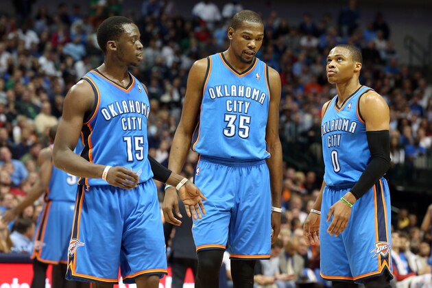 DALLAS, TX - MARCH 25:  (L-R) Reggie Jackson #15, Kevin Durant #35, and Russell Westbrook #0 of the Oklahoma City Thunder during the game against the Dallas Mavericks on March 25, 2014 at the American Airlines Center in Dallas, Texas. NOTE TO USER: User expressly acknowledges and agrees that, by downloading and or using this Photograph, user is consenting to the terms and conditions of the Getty Images License Agreement. Mandatory Copyright Notice: Copyright 2014 NBAE (Photo by Layne Murdoch/NBAE via Getty Images)