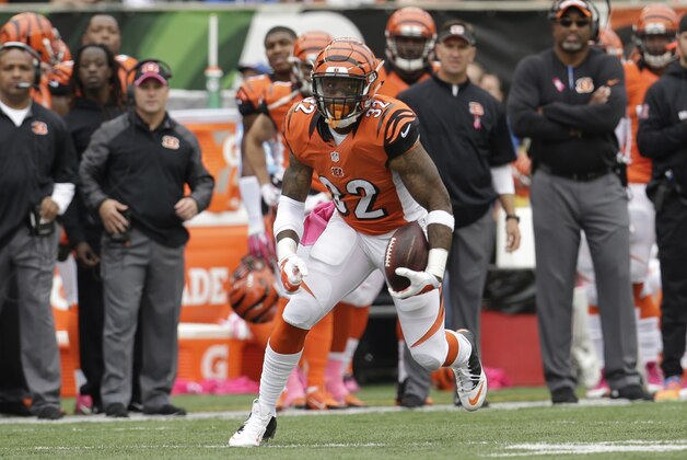Cincinnati Bengals running back Jeremy Hill runs against the Carolina Panthers in the first half of an NFL football game, Sunday, Oct. 12, 2014, in Cincinnati. (AP Photo/AJ Mast)