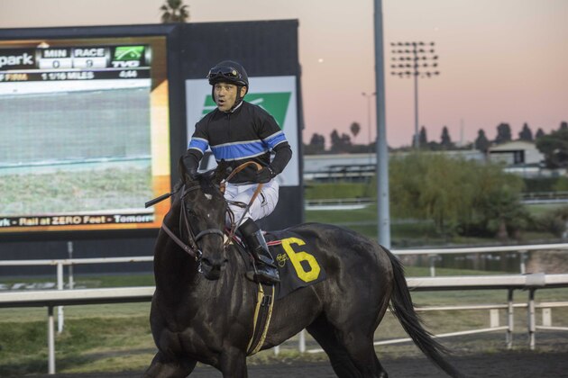 Jockey Corey Nakatani celebrates aboard Shared Belief after winning the CashCall Futurity horse race at Betfair Hollywood Park in Inglewood, Calif., on Saturday, Dec. 14, 2013. (AP Photo/Ringo H.W. Chiu)