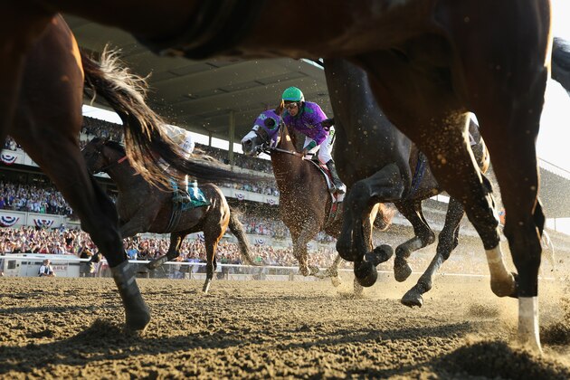 ELMONT, NY - JUNE 07:  California Chrome #2, ridden by Victor Espinoza (C) crosses the finish line tied for fourth during the 146th running of the Belmont Stakes at Belmont Park on June 7, 2014 in Elmont, New York.  (Photo by Rob Carr/Getty Images)