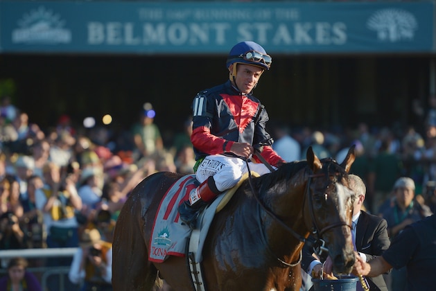 ELMONT, NY - JUNE 07:  Tonalist #11, ridden by Joel Rosario, celebrates after winning the 146th running of the Belmont Stakes at Belmont Park on June 7, 2014 in Elmont, New York.  (Photo by Drew Hallowell/Getty Images)