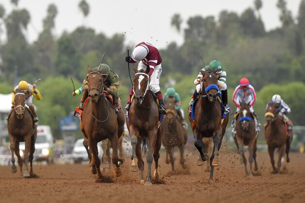 Rosie Napravnik, center, rides Untapable to victory in the Breeders' Cup Distaff horse race at Santa Anita Park Friday, Oct. 31, 2014, in Arcadia, Calif. (AP Photo/Mark J. Terrill)