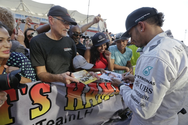 Lewis Hamilton greets fans at the Circuit of the Americas on Thursday.