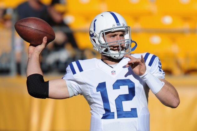 Indianapolis Colts quarterback Andrew Luck (12) warms up before the NFL football game against the Pittsburgh Steelers, Sunday, Oct. 26, 2014 in Pittsburgh. (AP Photo/Don Wright)