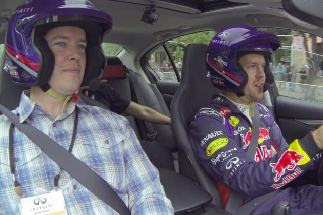 Bleacher Report UK's Matthew Walthert and Sebastian Vettel in the Infiniti Q50 Eau Rouge.