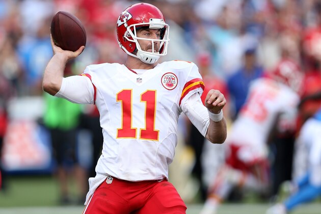 SAN DIEGO, CA - OCTOBER 19:  Quarterback Alex Smith #11 of the Kansas City Chiefs throws a pass against the San Diego Chargers at Qualcomm Stadium on October 19, 2014 in San Diego, California. The Chiefs won 23-20.  (Photo by Stephen Dunn/Getty Images)