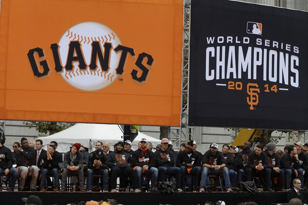 SAN FRANCISCO, CA - OCTOBER 31: General view of the San Francisco Giants on stage during the San Francisco Giants World Series victory parade on October 31, 2014 in San Francisco, California. The San Francisco Giants defeated the Kansas City Royals to win the 2014 World Series. (Photo by Jason O. Watson/Getty Images)
