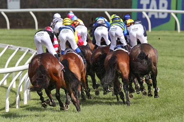 MELBOURNE, AUSTRALIA - NOVEMBER 01: Horses gallop around the bend on the first lap during race 7 the AAMI Victoria Derby on Derby Day at Flemington Racecourse on November 1, 2014 in Melbourne, Australia.  (Photo by Michael Dodge/Getty Images)